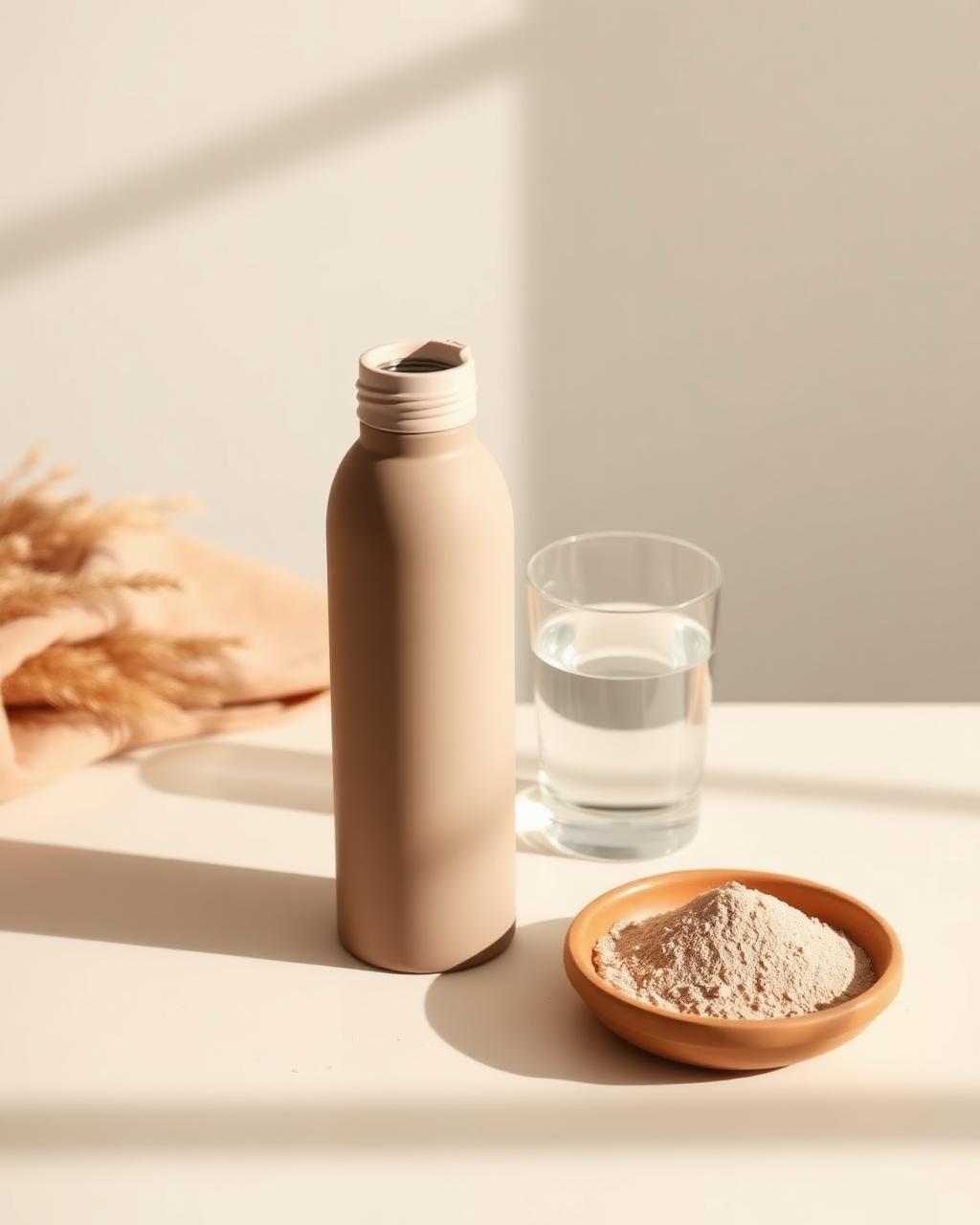 Reusable stone-toned bottle, glass of water and clay dish of hydration powder