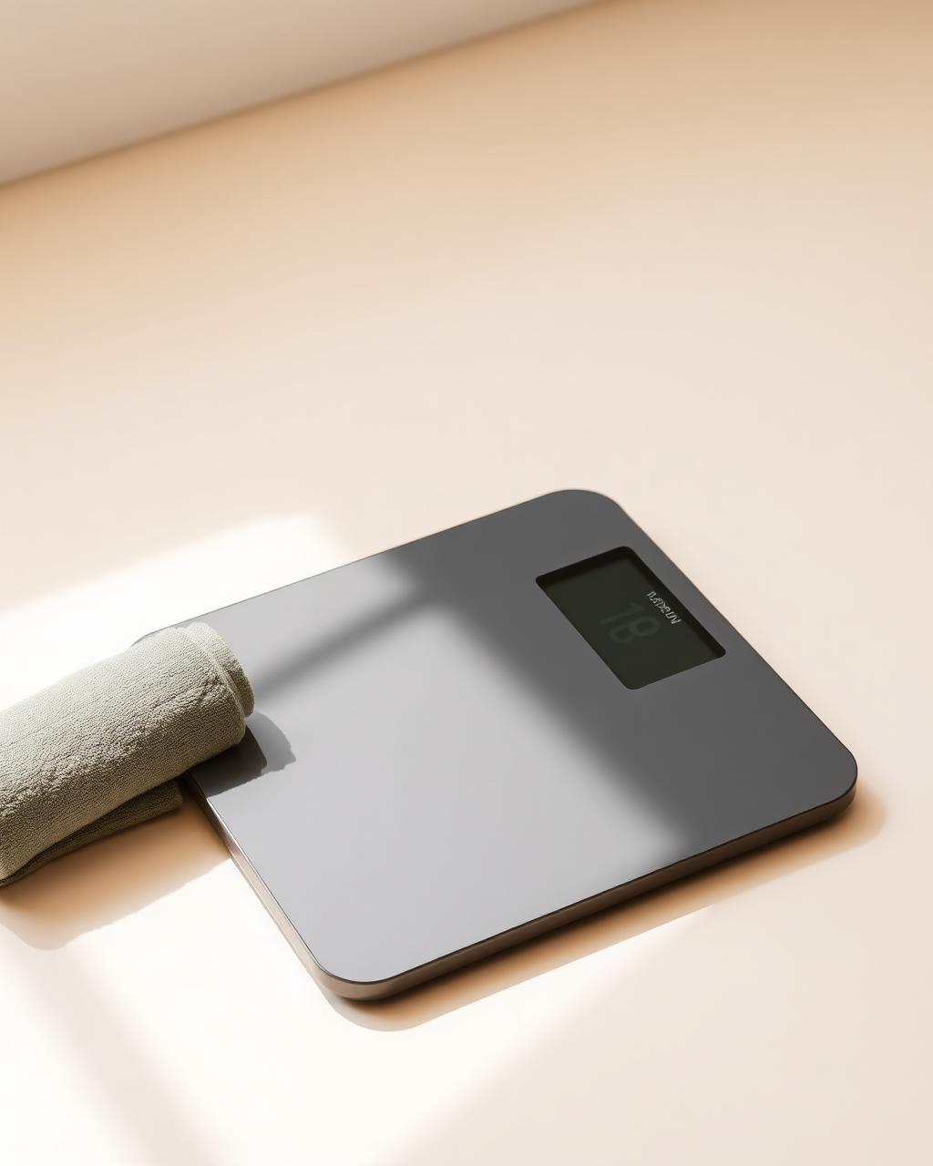 Charcoal smart body-composition scale on a warm floor beside a folded green towel