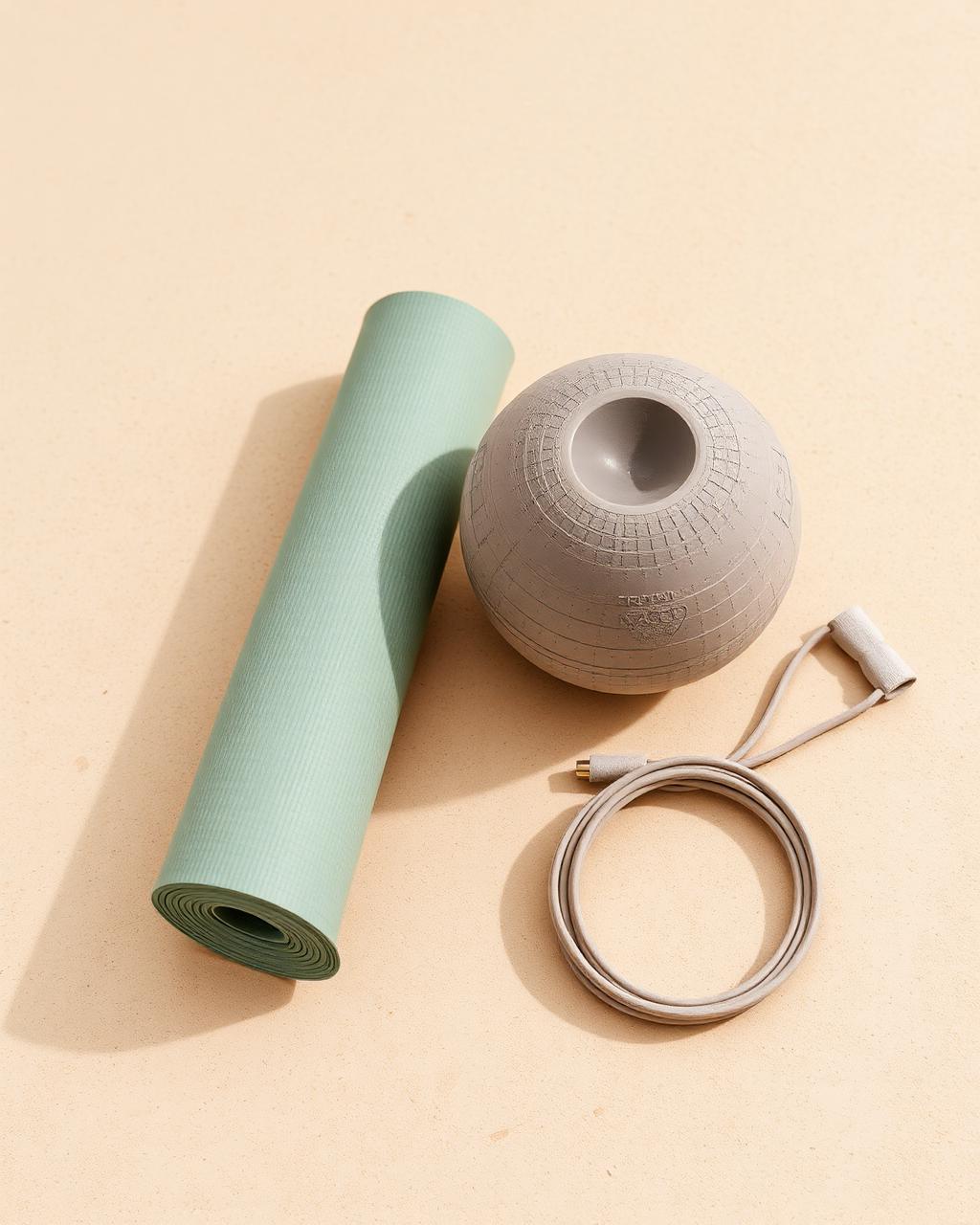 Rolled sage mat, massage ball and neutral resistance bands arranged on a warm surface