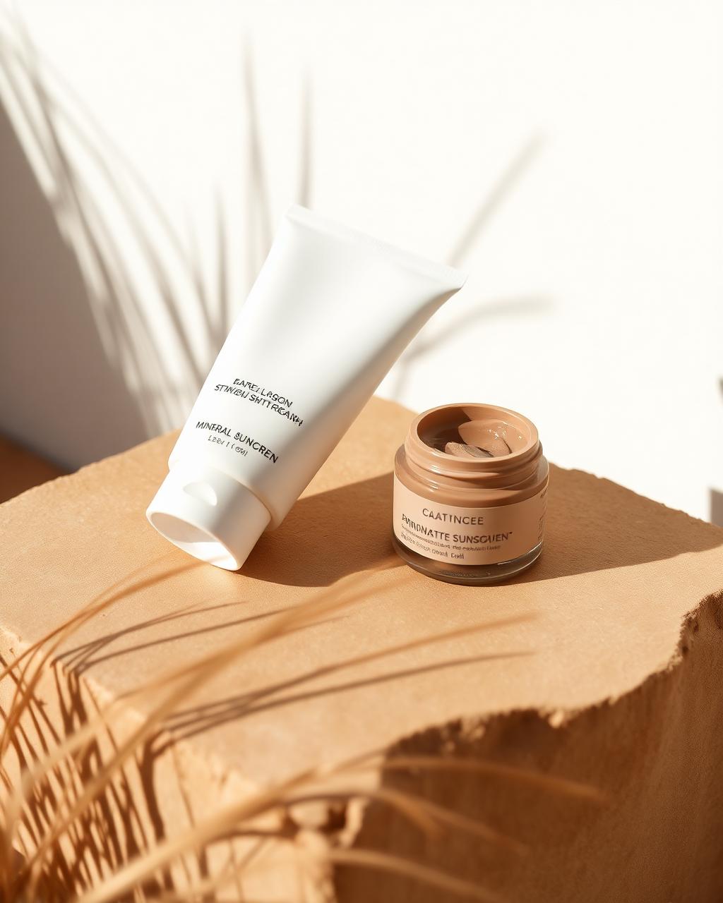 Unbranded mineral sunscreen tube and clay skincare jar on warm stone in sunlight